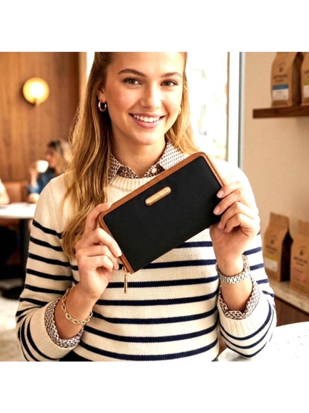Michael Kors Kempton Continental wallet black nylon tan leather trim minimalist